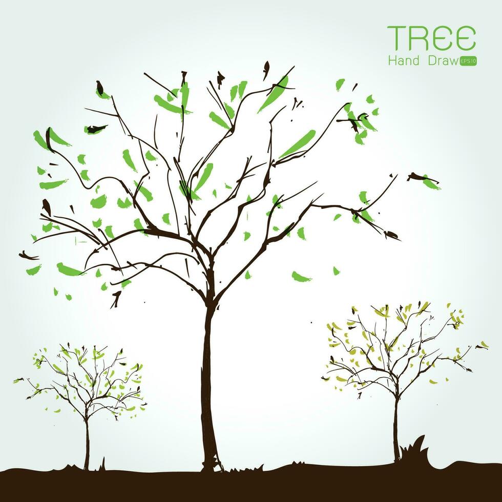 Landscape with tree at sun set hand draw vector