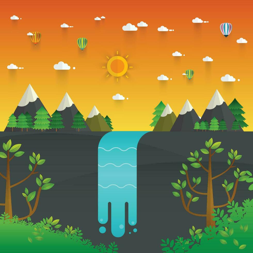 Landscape illustration. Mountain river, waterfall vector