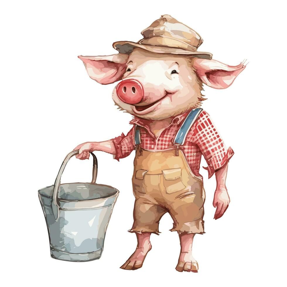 Watercolor Cute Pig With Hat and Jump Suit Bring Bucket vector