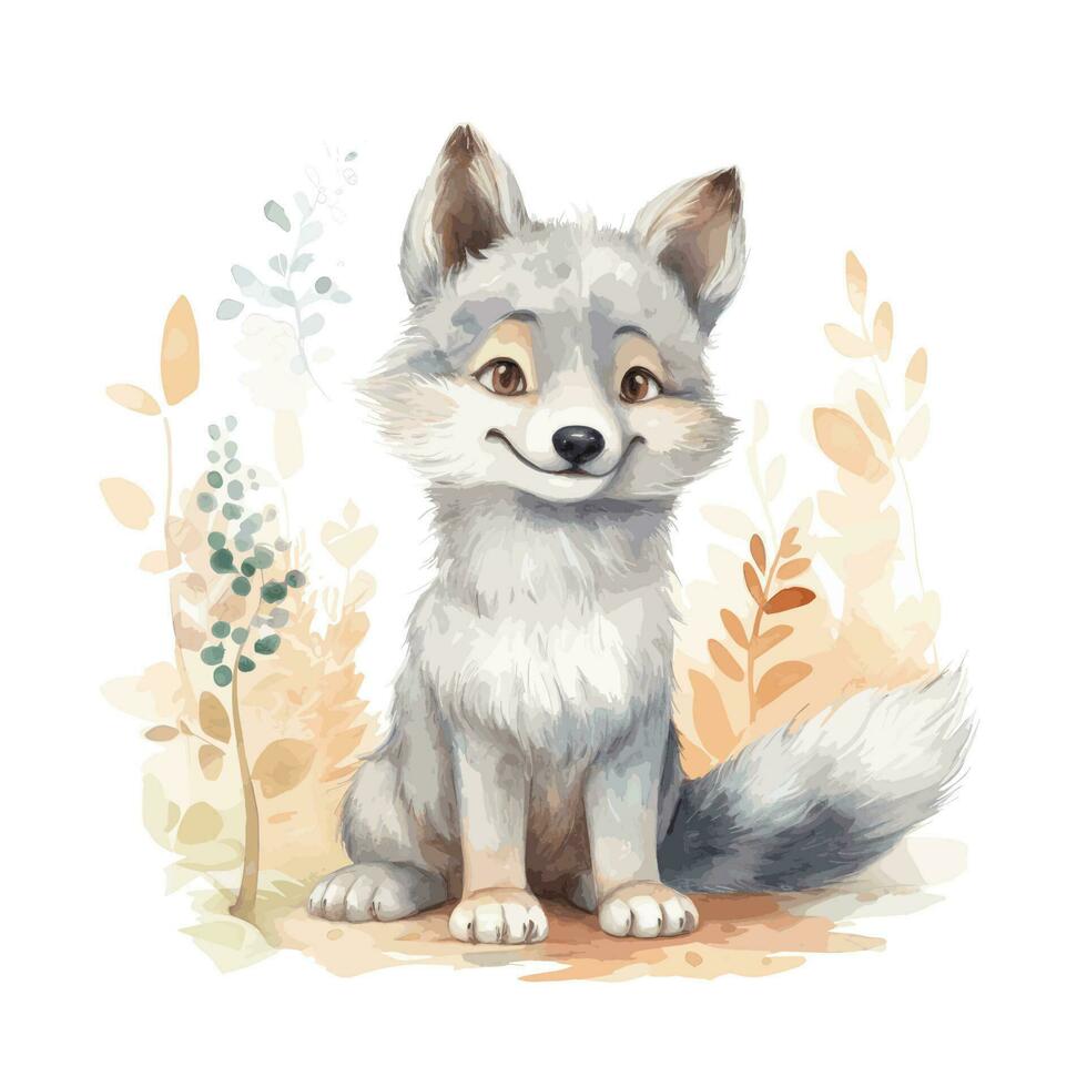 Cute Watercolor Gray Wolf In Natural State Standing Adorable vector