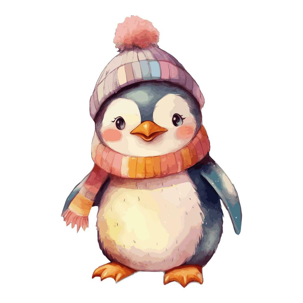 acuarela linda pingüino con algodón sombrero, y bufanda vector