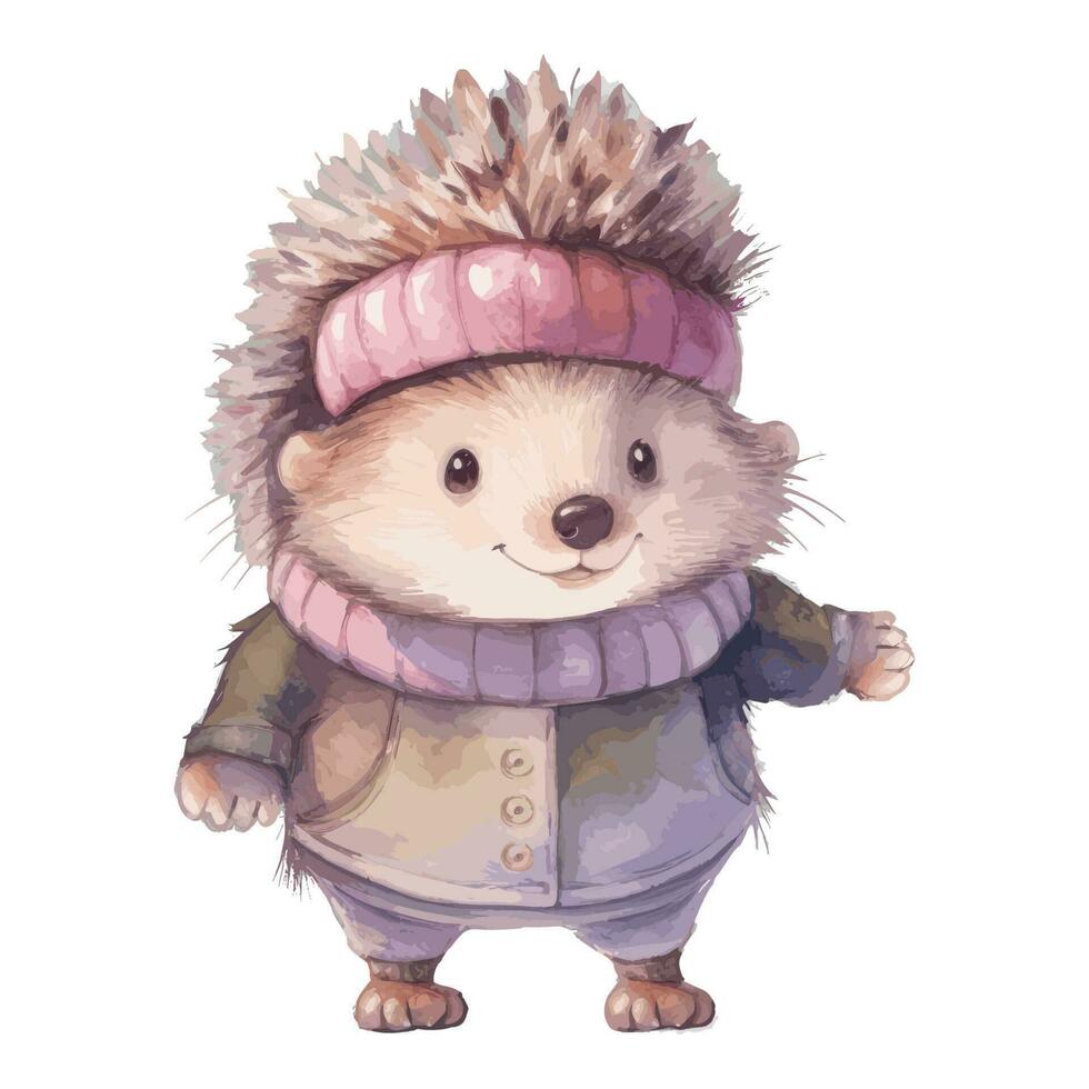 Watercolor Cute Hedgehog With Cotton Bandana, Scarf and Jacket vector