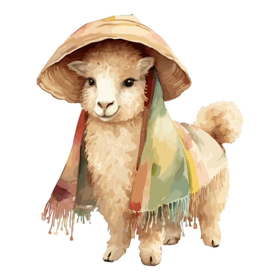 acuarela linda alpaca con sombrero y cobija vector