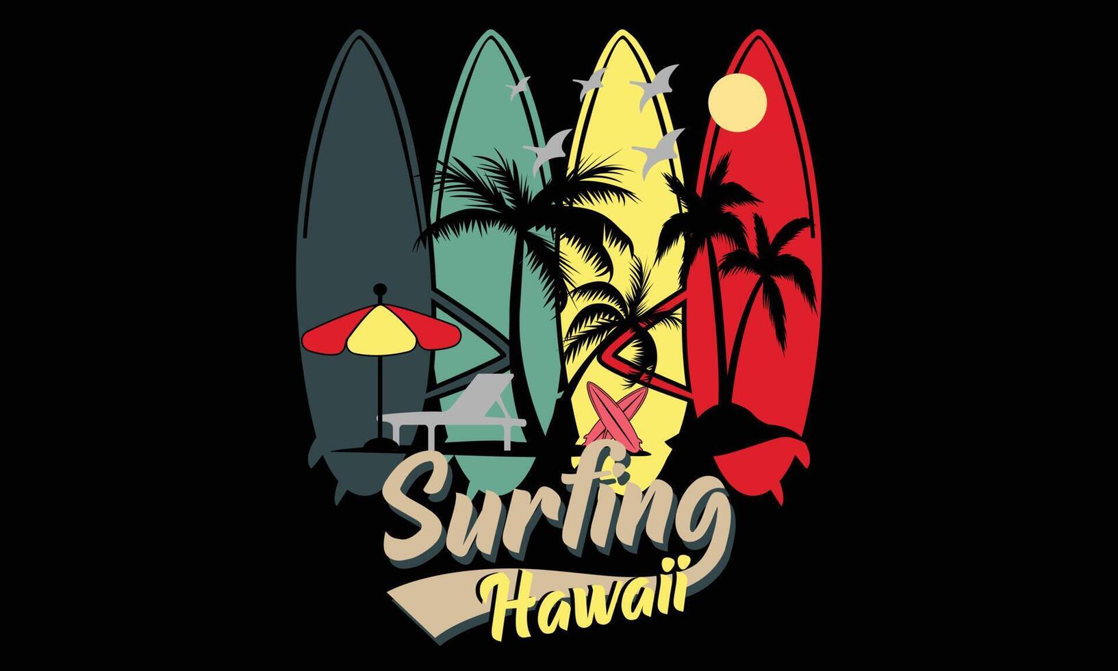 surf Hawai California paraíso playa camisetas diseño. vector