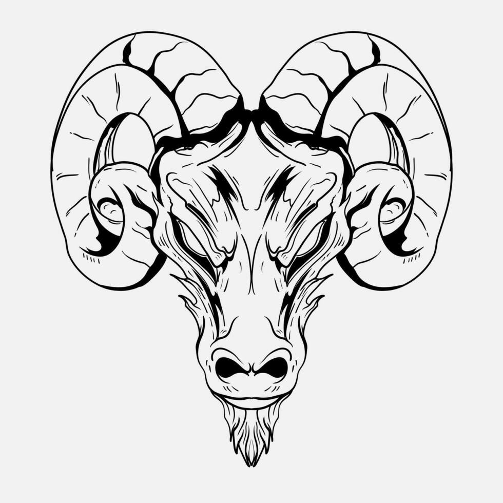 tatuaje y t camisa diseño negro y blanco mano dibujado cabra cráneo grabado ornamento vector