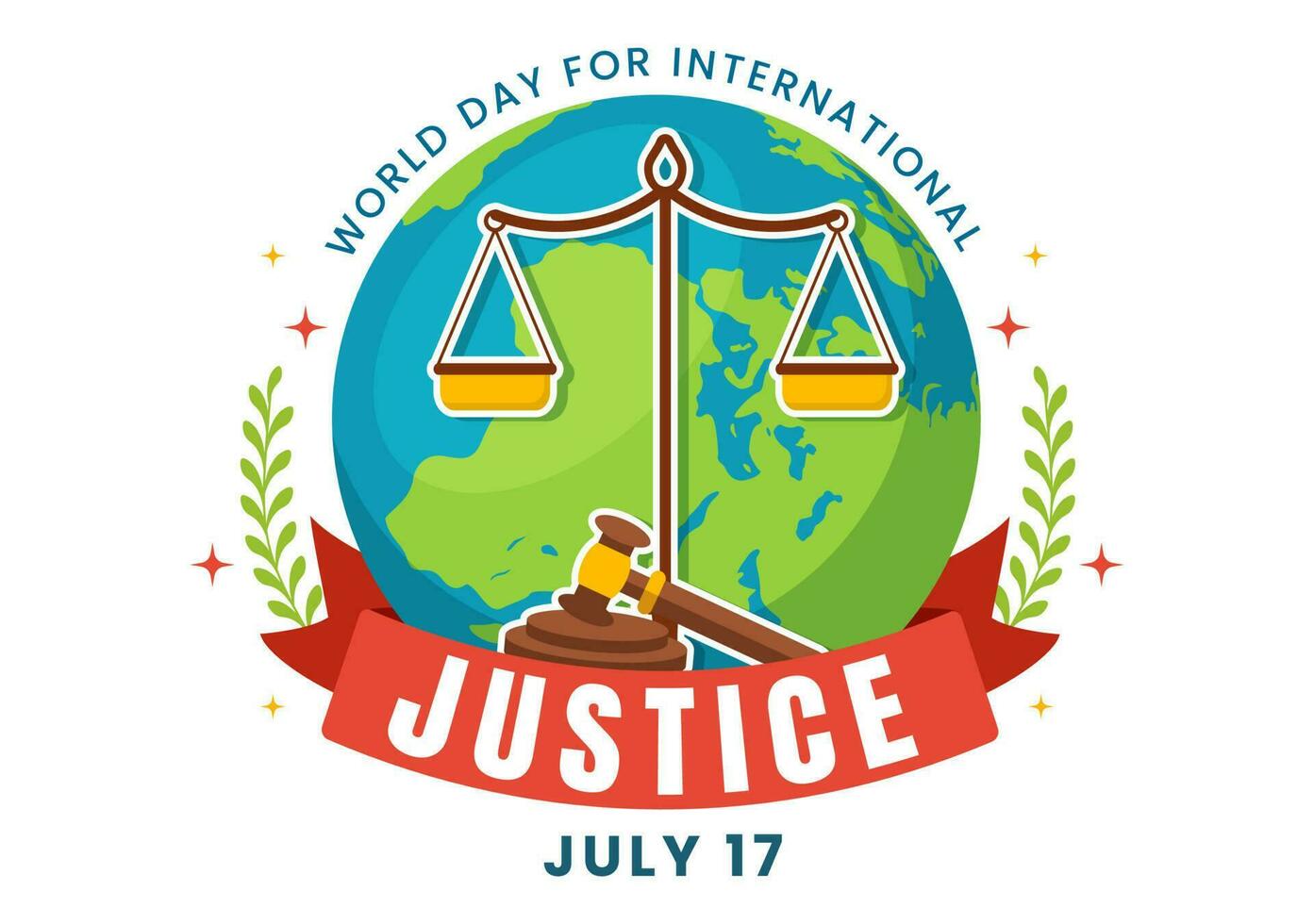 World Day for International Justice Vector Illustration with Earth, Scales or Judge Gavel in Flat Cartoon Hand Drawn to Landing Page Templates