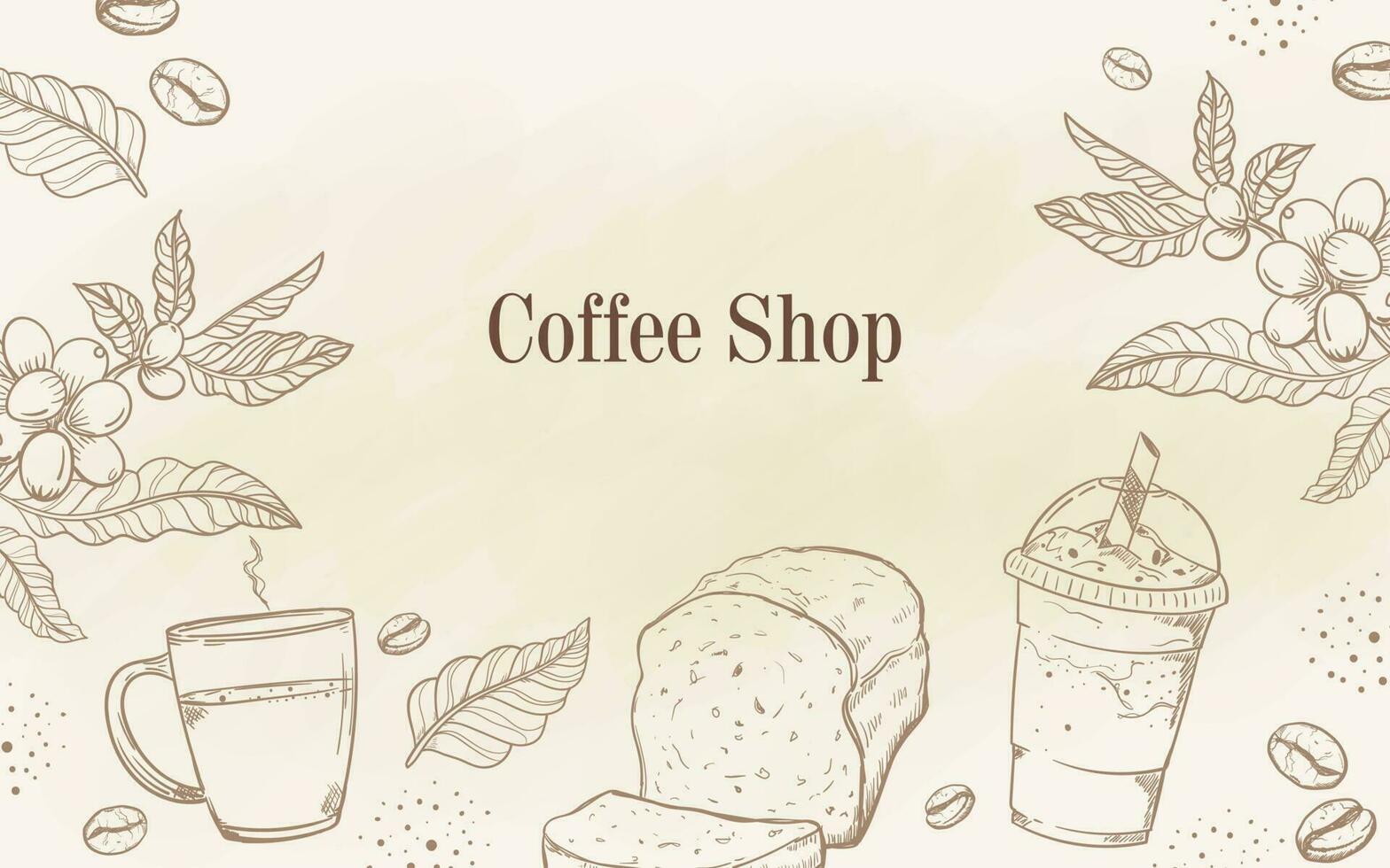 Hand drawn coffee background. bread, hot and ice coffee vector