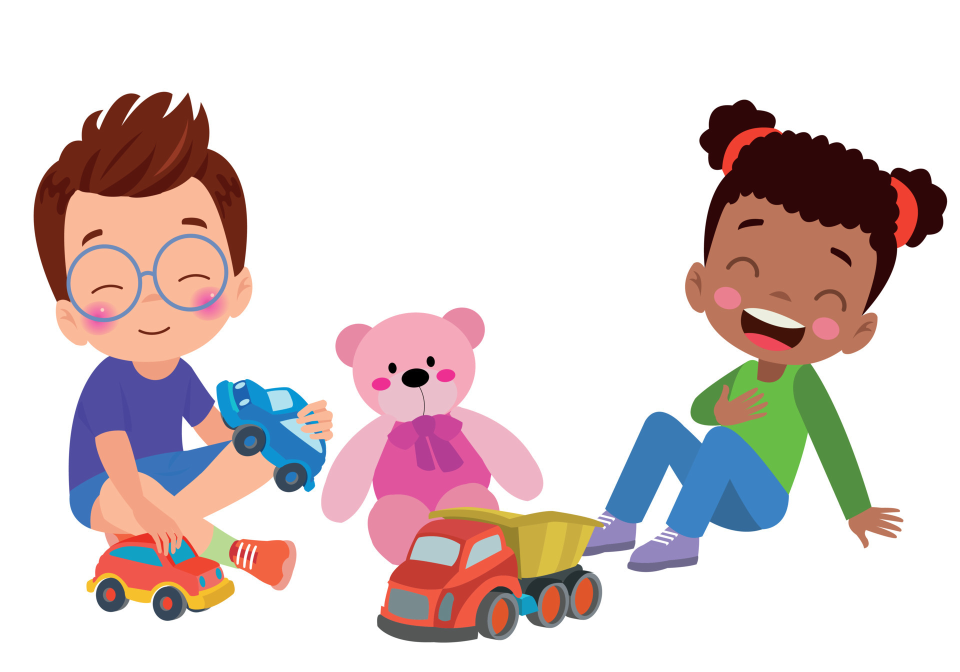 A boy and girl playing with toys and a teddy bear. 23428457 Vector Art