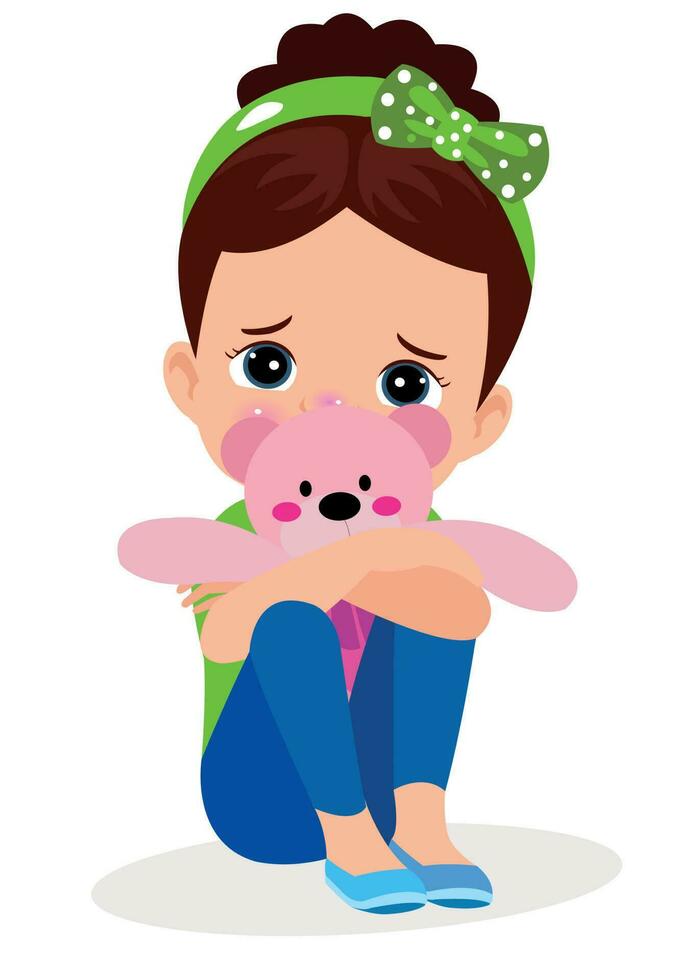 A girl with a pink teddy bear in her hands sits on the floor vector