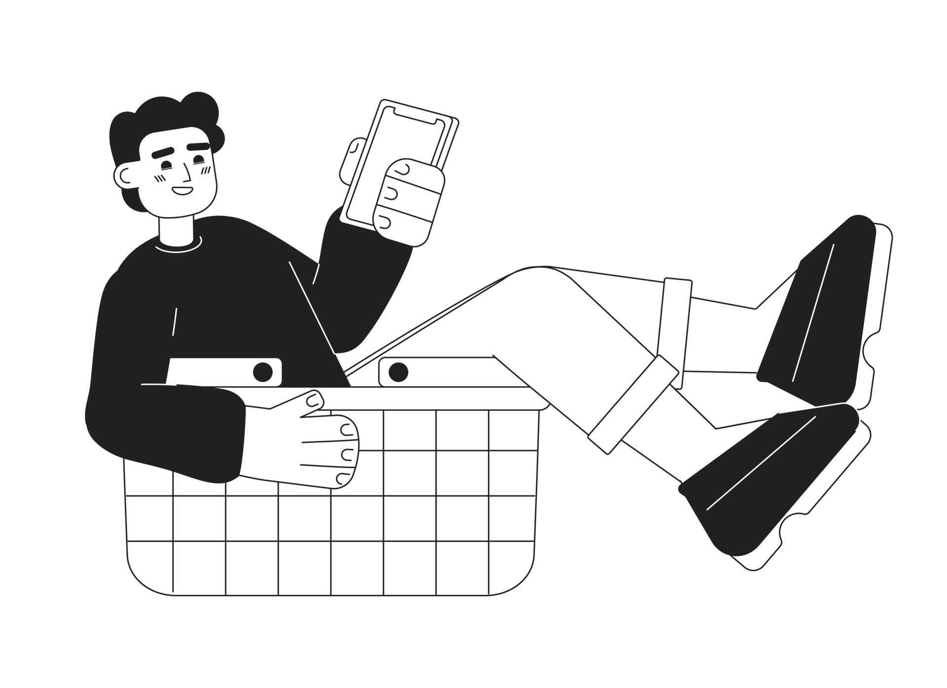 Excited guy in shopping basket making purchases online