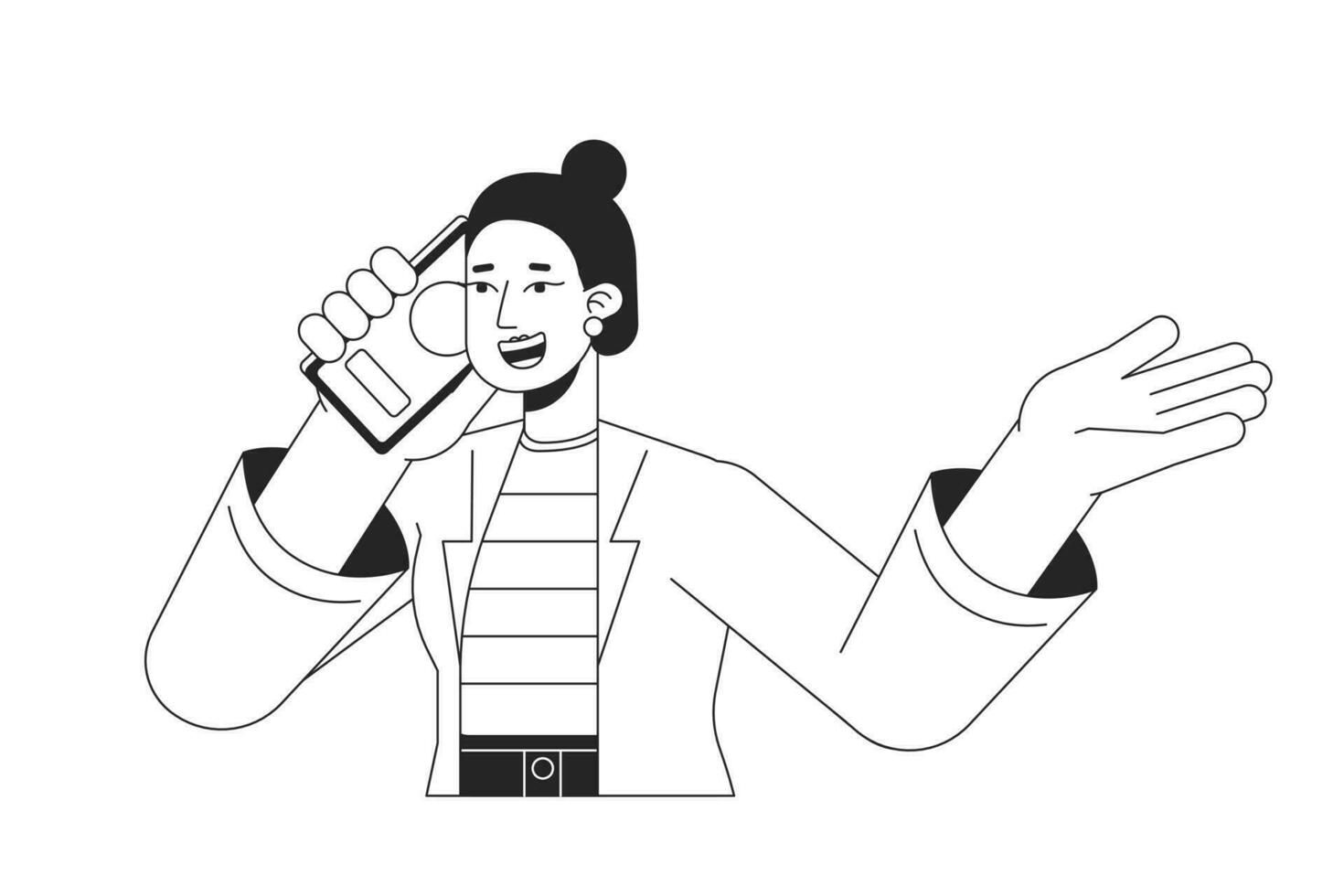 Girl sharing good news via phone call bw vector spot illustration. Lady