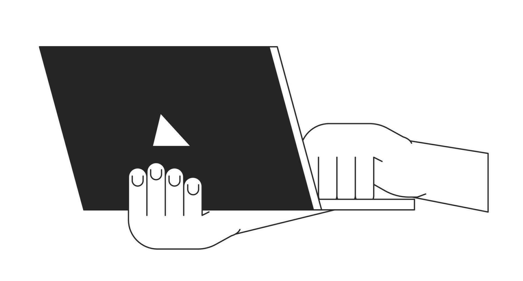 Holding laptop closeup bw vector spot illustration. Typing on keyboard 2D cartoon flat line monochromatic first view hand on white for web UI design. Tech gadget editable isolated outline hero image