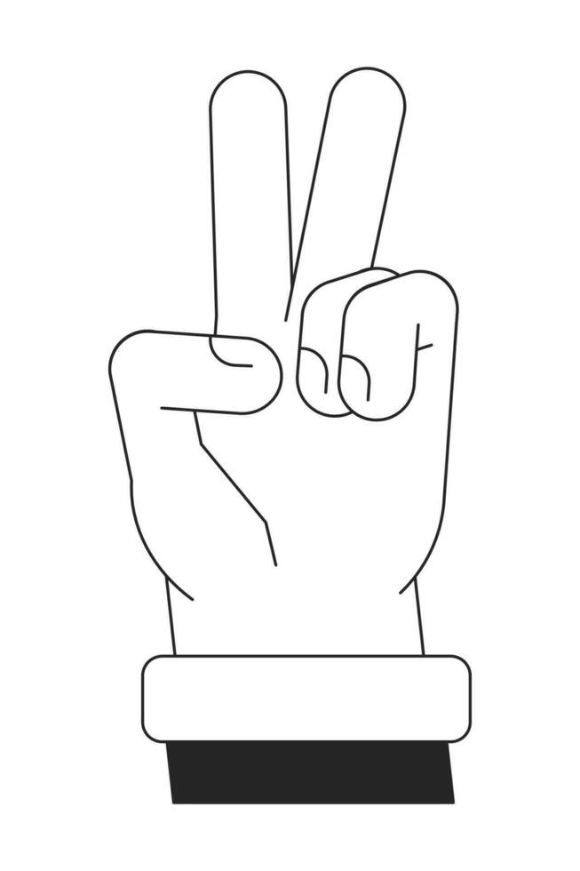 Peace fingers bw vector spot illustration. Showing victory sign 2D cartoon flat line monochromatic first view hand on white for web UI design. Hippie symbol editable isolated outline hero image