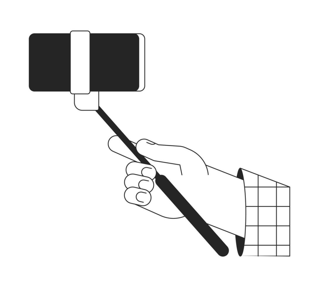 Holding selfie stick with smart phone closeup bw vector spot illustration. Take pic 2D cartoon flat line monochromatic first view hand on white for web UI design. Editable isolated outline hero image