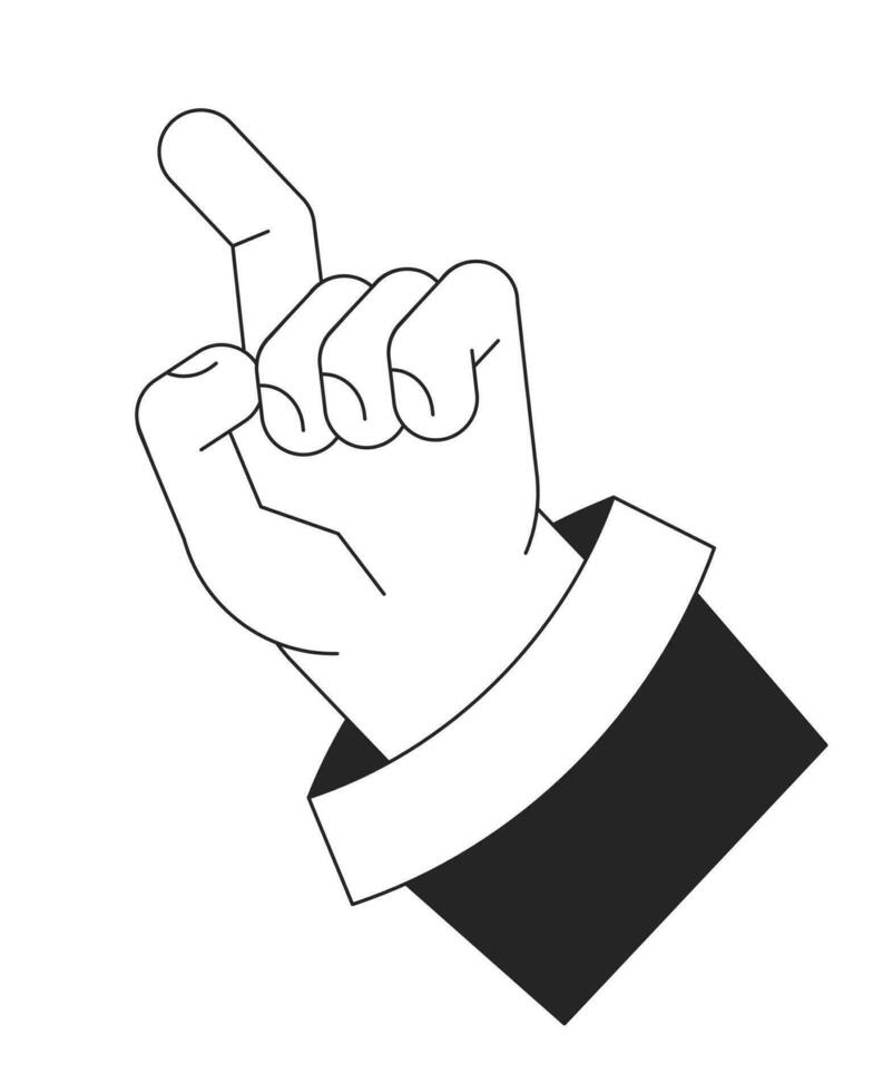 Raised up hand with index finger ready to touch bw vector spot illustration. 2D cartoon flat line monochromatic first view hand on white for web UI design. Editable isolated outline hero image