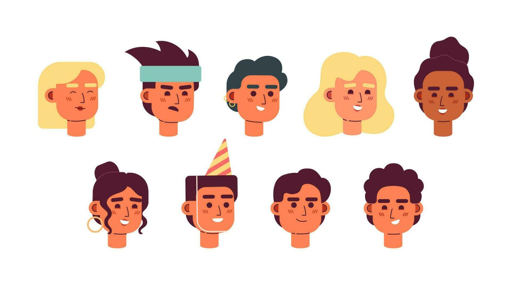 Diverse people with content toothy smile semi flat colour vector character heads pack. Colorful avatar icons. Editable cartoon style emotions. Simple spot illustration bundle for web graphic design