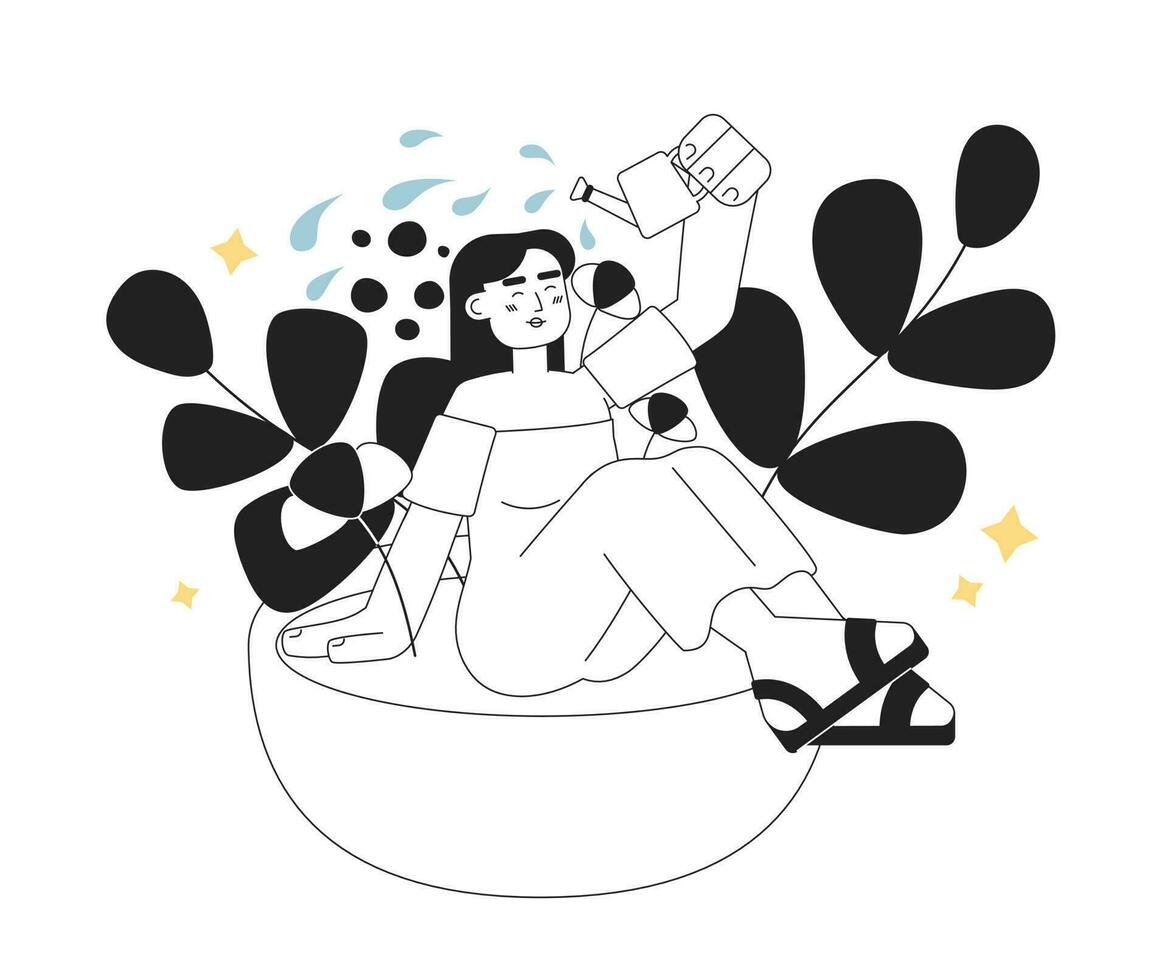 Help yourself grow monochrome concept vector spot illustration. Self improvement woman 2D flat bw cartoon character for web UI design. Personal development isolated editable hand drawn hero image
