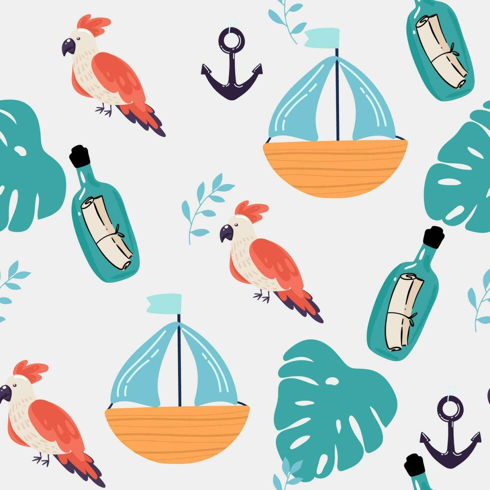 Tropical pattern with parrots and tropical leaves sea. Vector seamless texture. Trendy Illustration