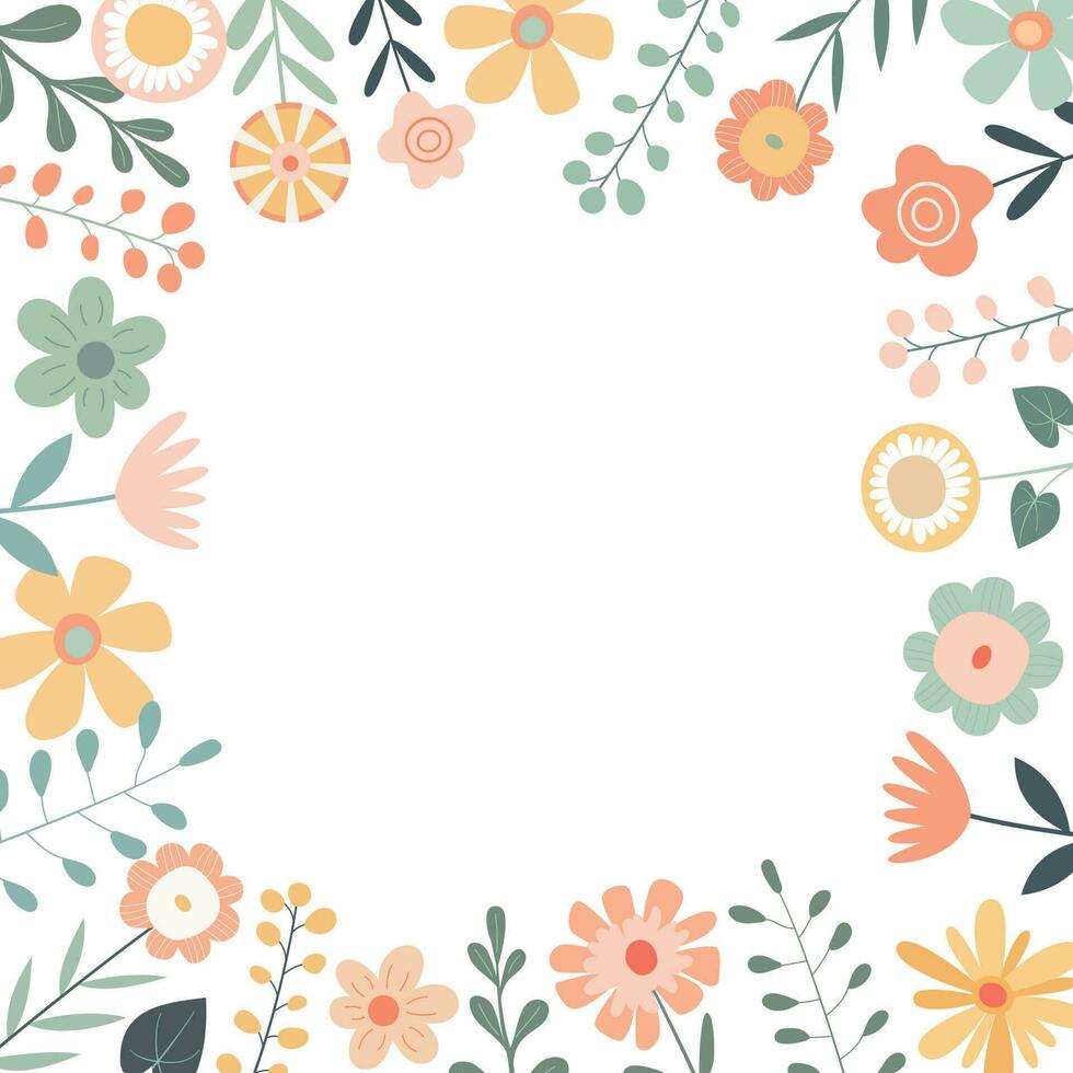 Cartoon summer square border frame with pastel flowers and leaves. Isolated on white background. Template for cards, web, and banner. vector