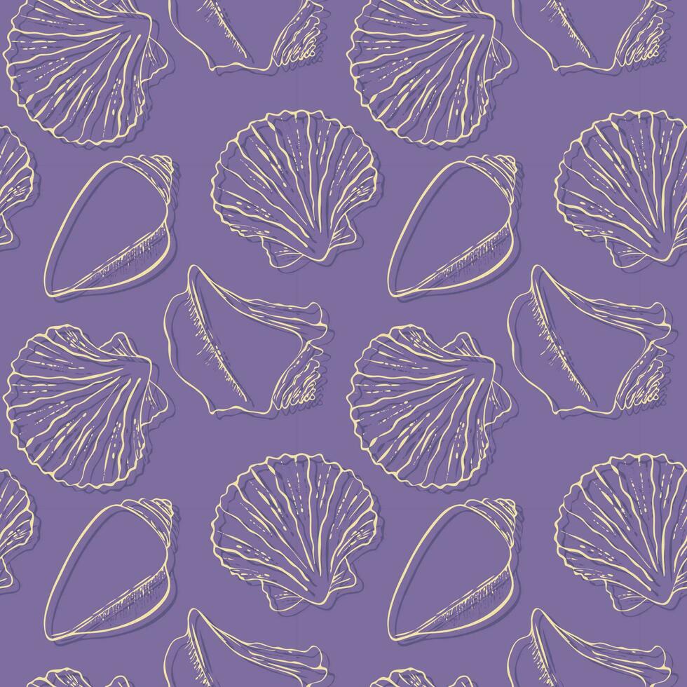 Pattern purple violet with Seashells hand drawn doodle. vector