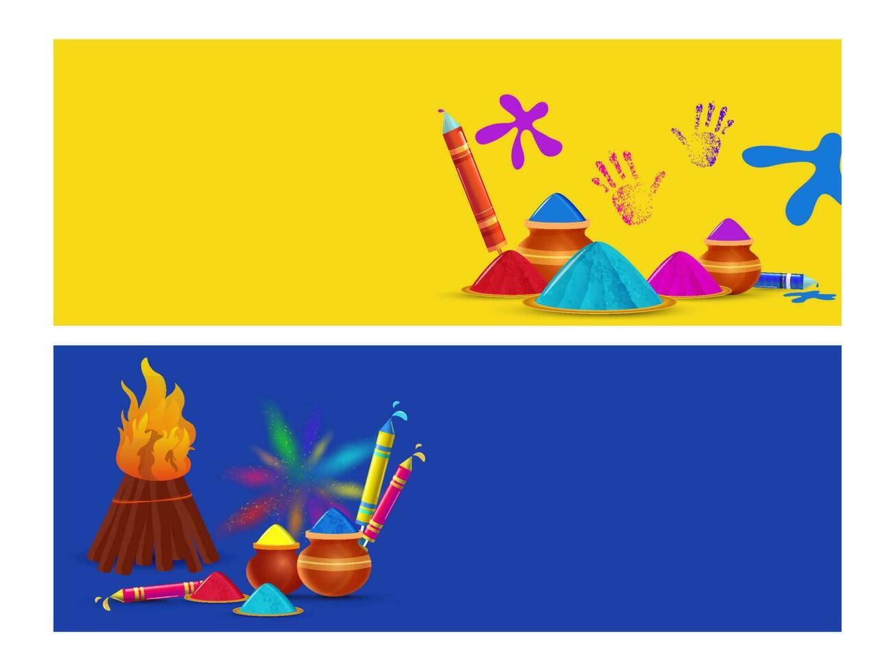 Yellow And Blue Header Or Banner Design With Holi Festival Elements In Two Options. vector