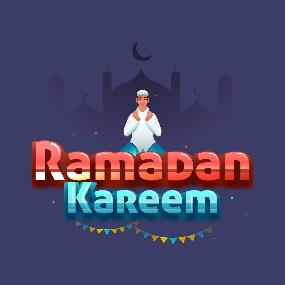 Ramadan Kareem Text With Muslim Man Offering Namaz On Violet Silhouette Mosque Background. vector