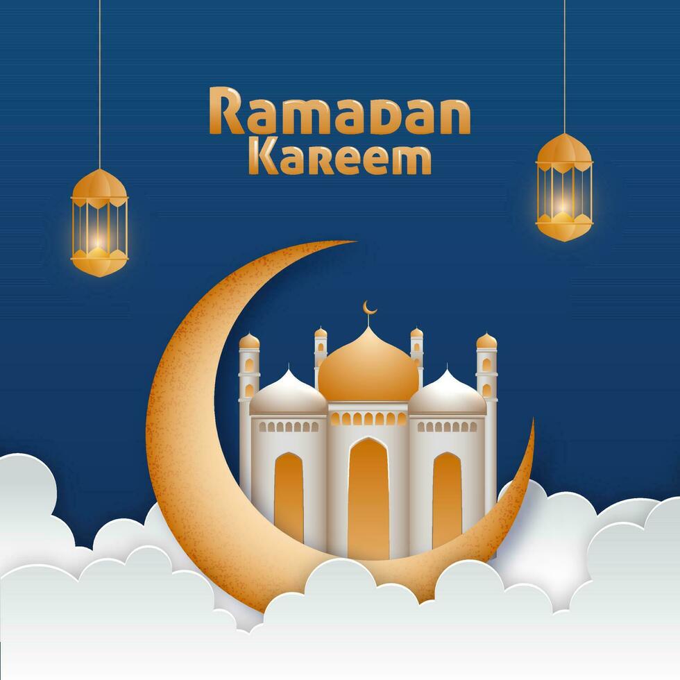 Ramadan Kareem Concept With Crescent Moon, Clouds And Lit Lanterns Hang On Blue Background. vector