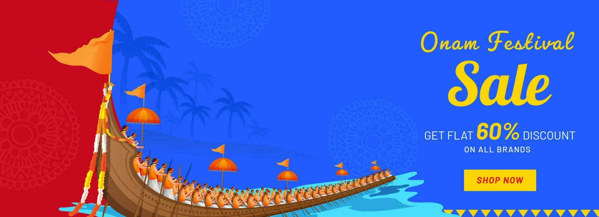 Onam Festival Sale Banner Or Header Design With Discount Offer And Vallam Kali On Red And Blue Background. vector