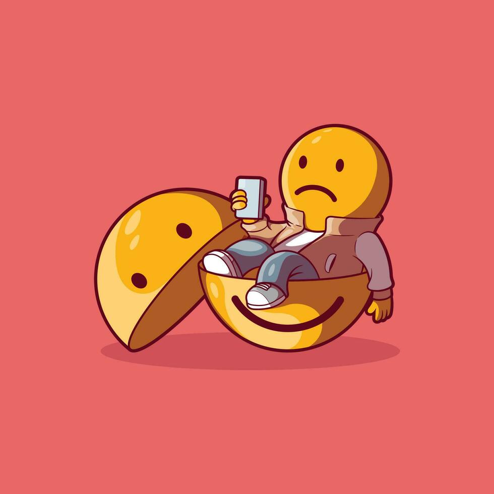 Sad Emoji character seated looking at the phone vector illustration. Emotion, sharing, social media design concept.