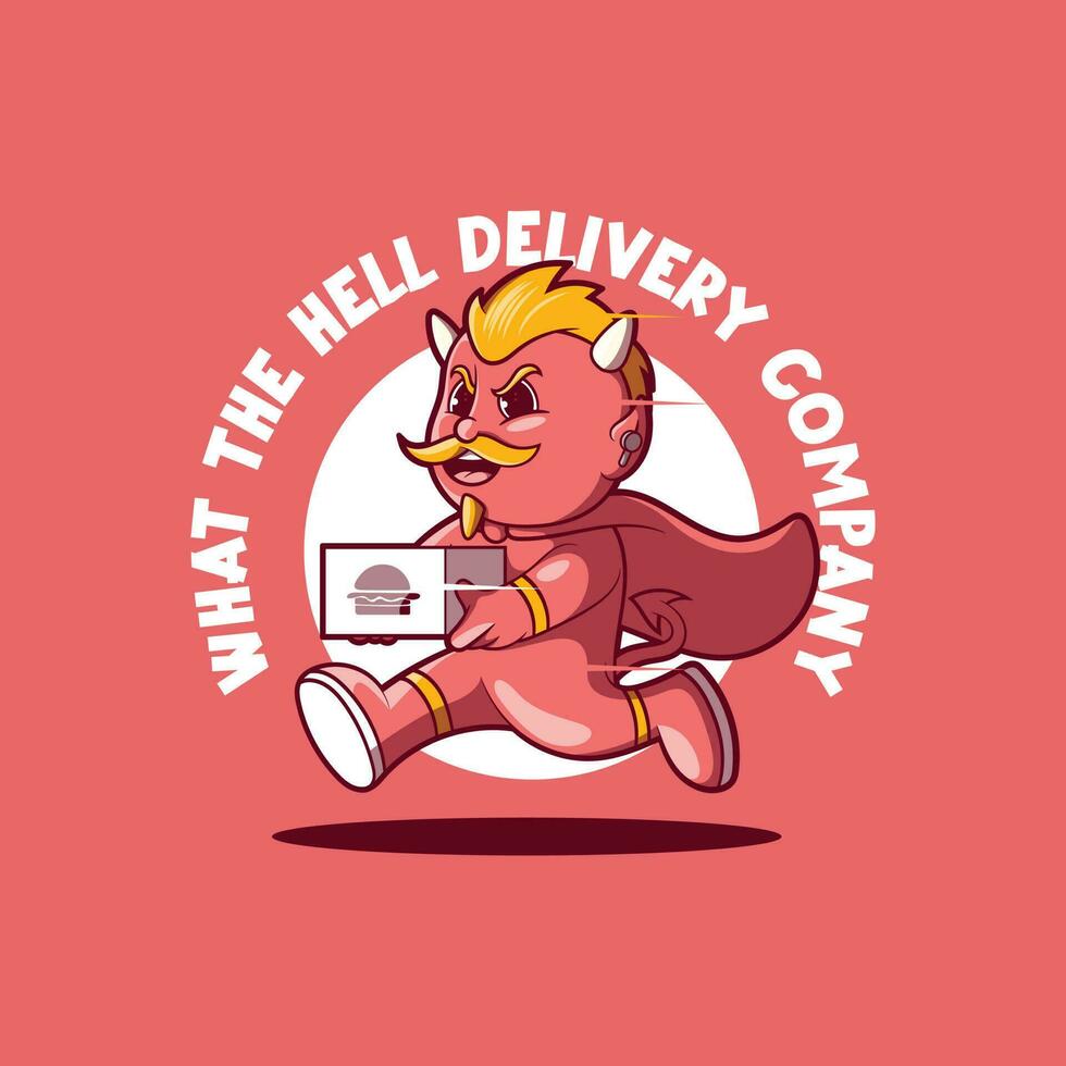 Devil Character running with a food package vector illustration. Delivery, food, brand design concept.