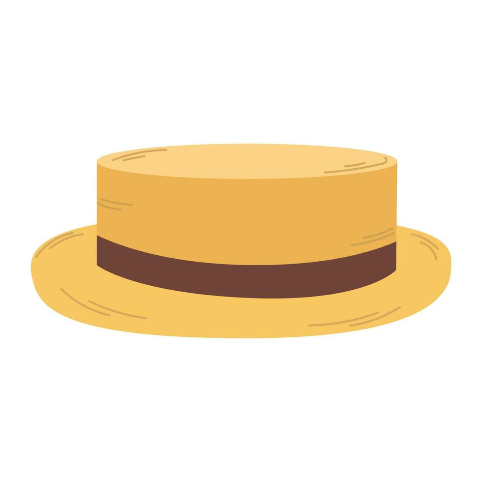 Isolated yellow straw male hat with brown ribbon on white background in flat style. Summer recreation vector