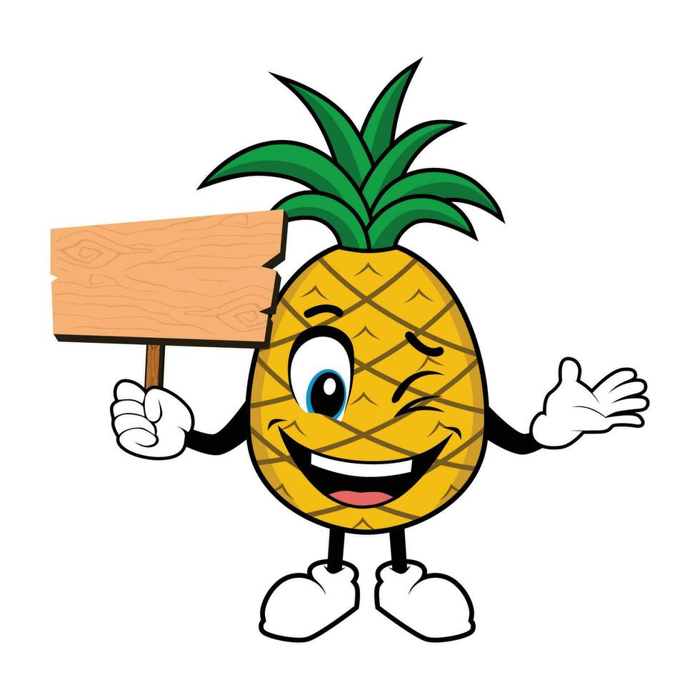Pineapple Fruit Mascot Cartoon Holding Up A Blank Wood Sign vector