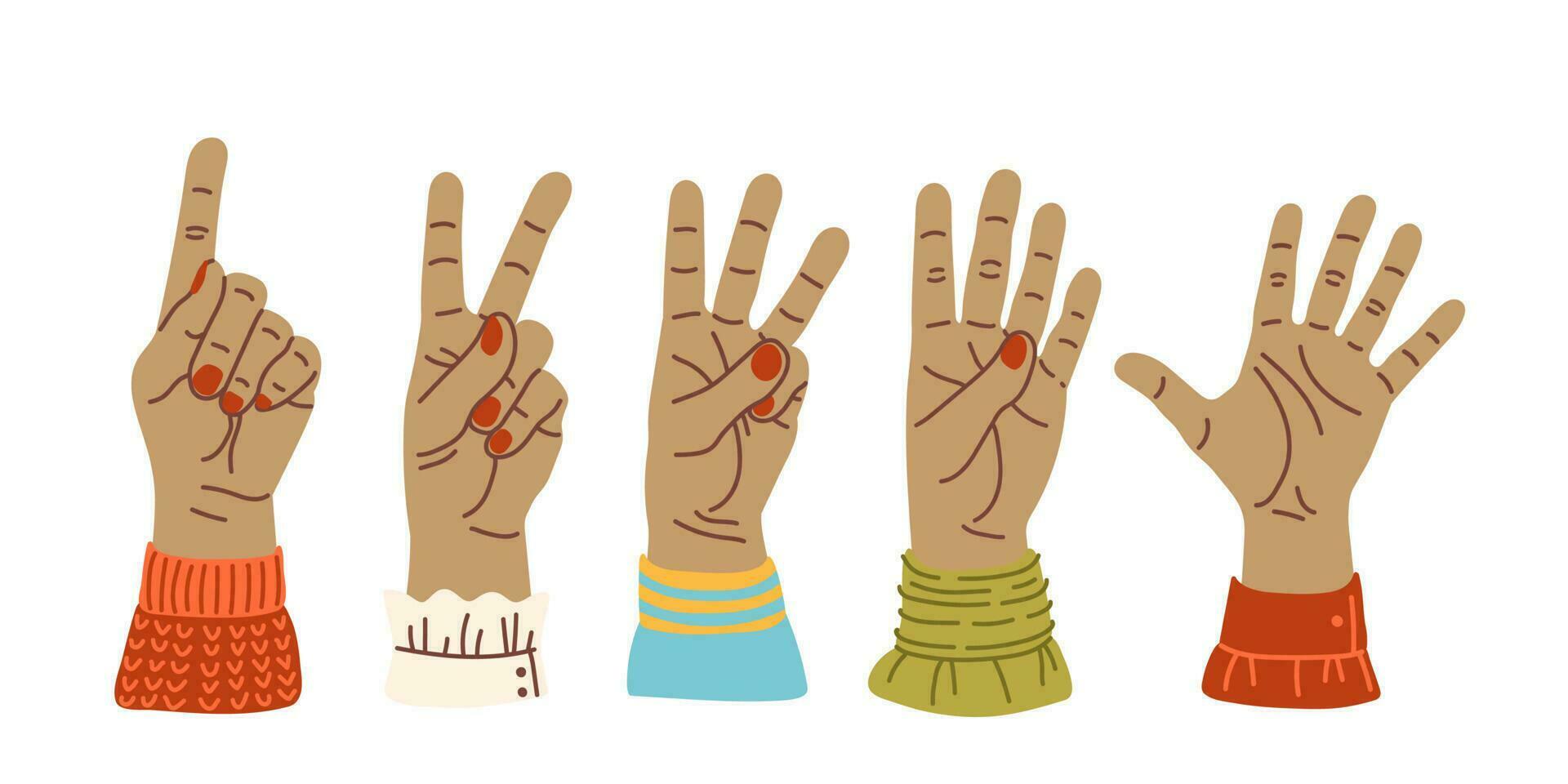 Hands count, counting on the fingers Hand gesture vector illustration isolated. Numbers on the hands. Hand smudge. different nationalities races Diverse society Cartoon style