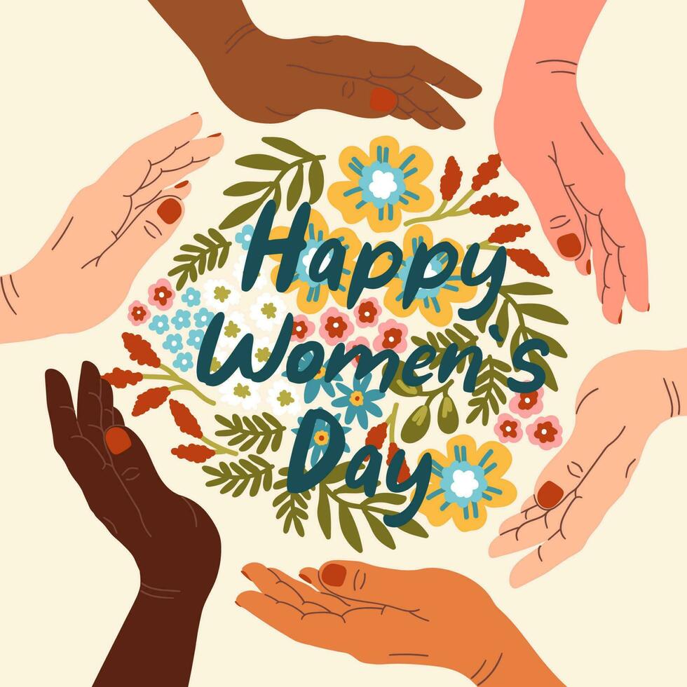 Happy International Women's Day March 8. Cute card poster for the spring holiday. Vector illustration of a date, a women hands and flowers