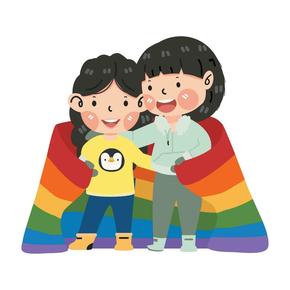 lesbiana Pareja con lgbt bandera vector