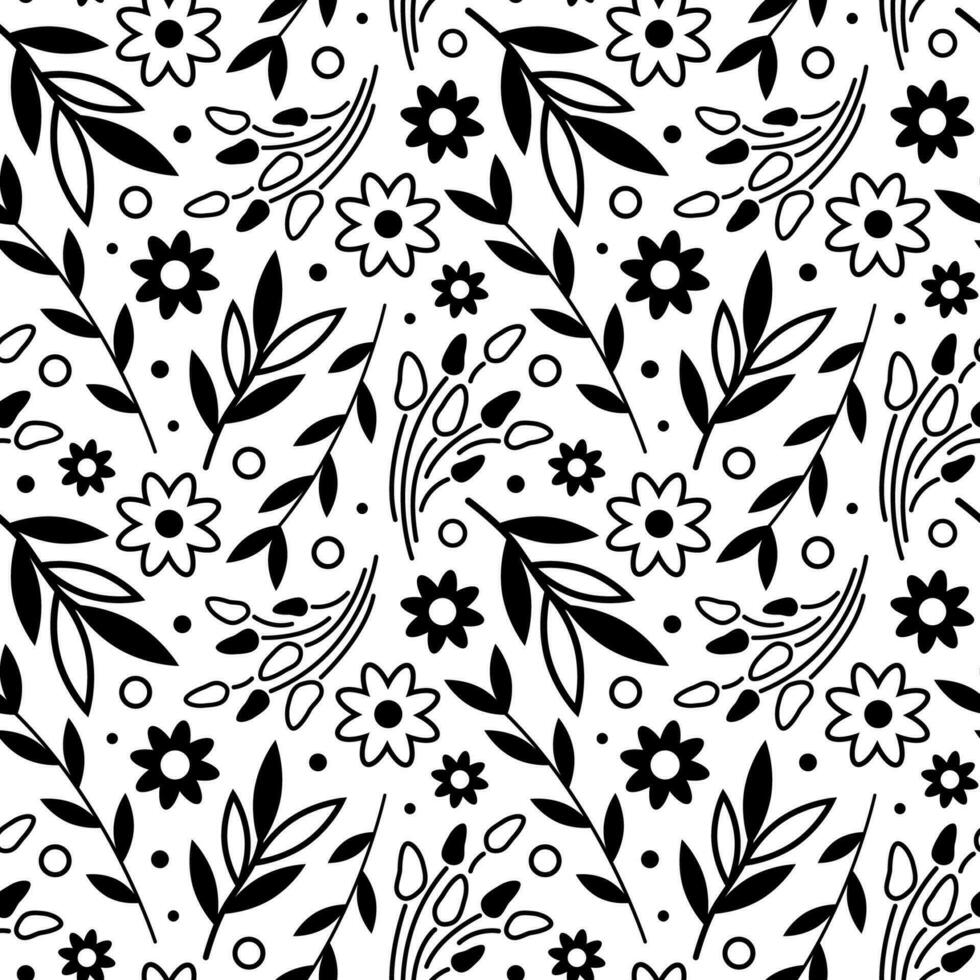 Monochrome seamless floral pattern. Vector illustration of plant ornament. Black and white drawing of twigs with leaves and buds. Botanical background.