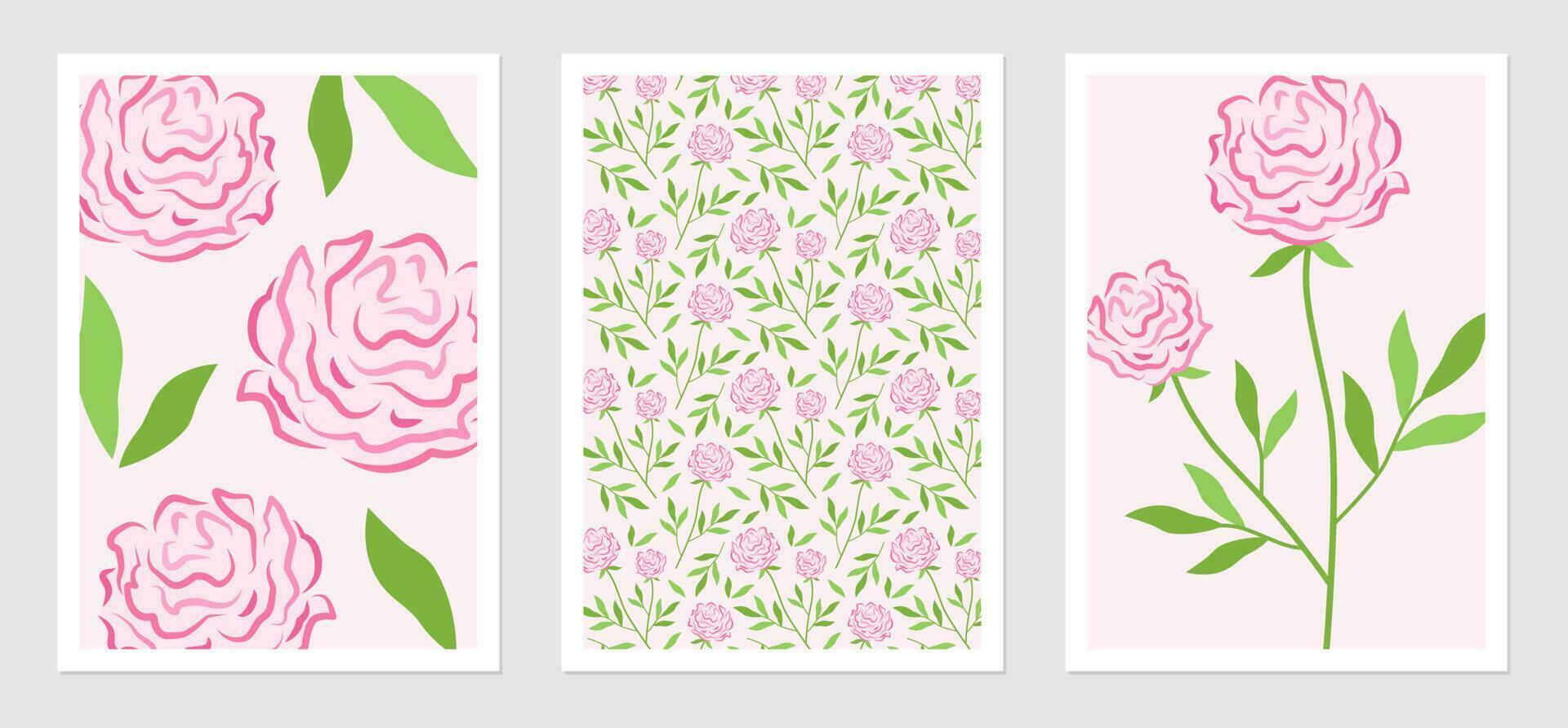 Poster set with pink peonies. Floral vector illustration of roses on twigs with green leaves. Botanical drawing for interior design. Background with vintage flowers.