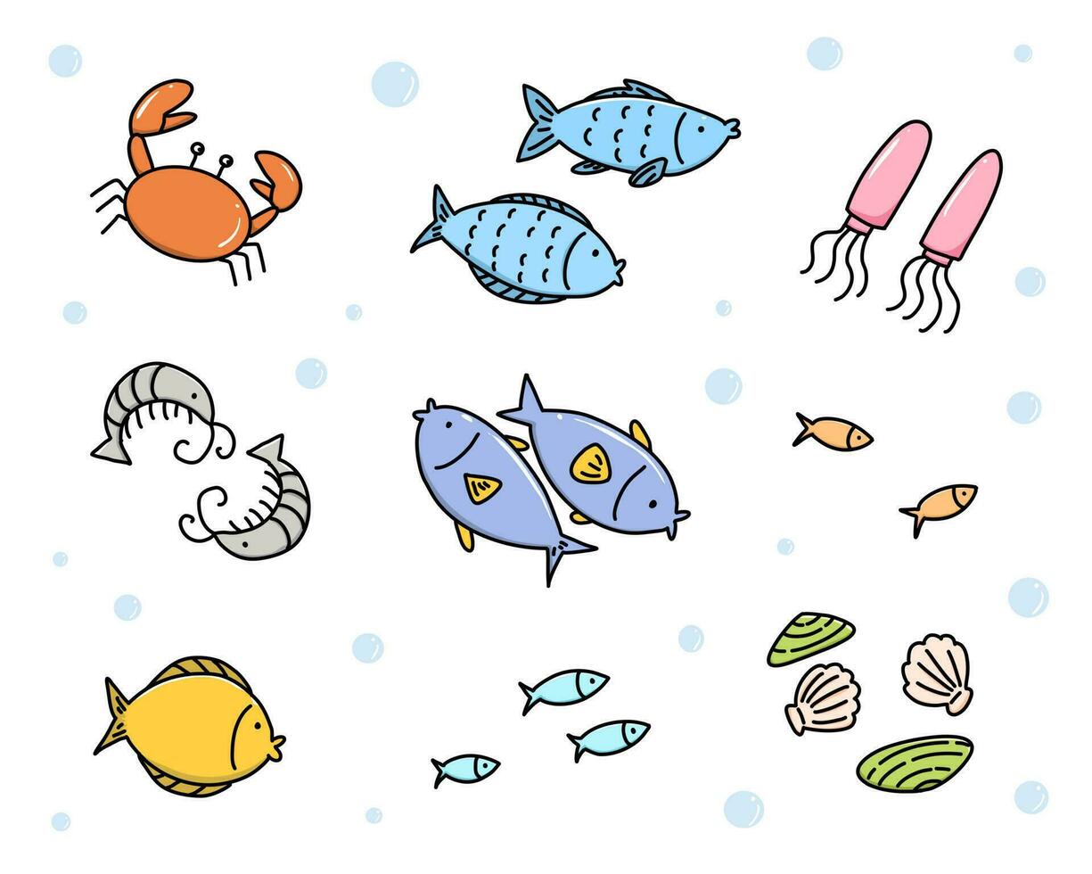 Seafood set design flat fish, shrimp, oysters and crab. vector illustration.