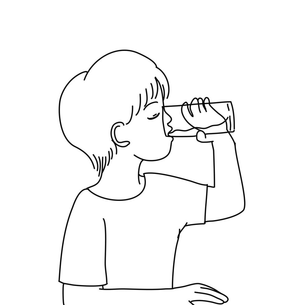 A boy drinking water in black and white vector line art