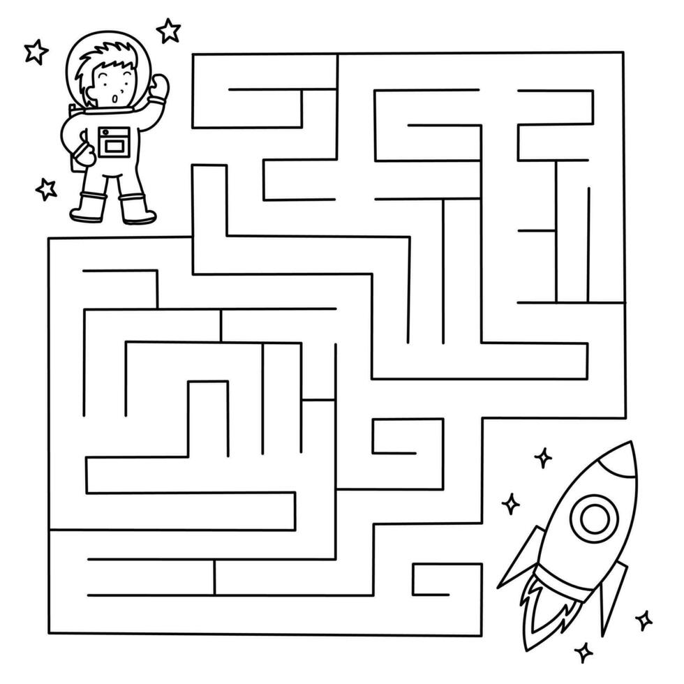 Maze game, help the astronaut find right path to the rocket. Coloring page for kids. Vector illustration.