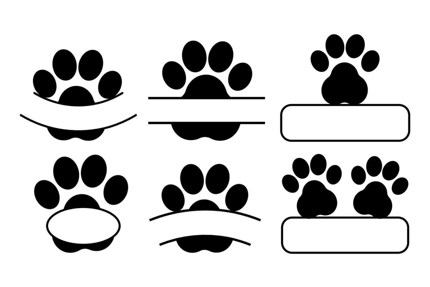 Set of animal paw silhouette monogram, frame in black colour isolated on white background stock vector illustration. Simple design, creative for cutting, vinyl. Vector illustration