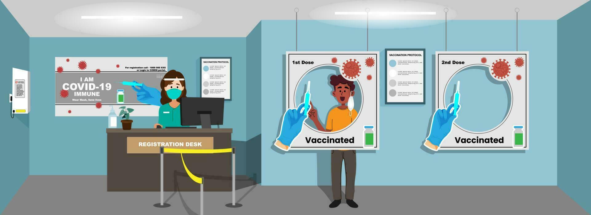 Hospital Registration Desk And Man Receives First Dose Of Vaccination Before Second Dose For Awareness Concept. vector
