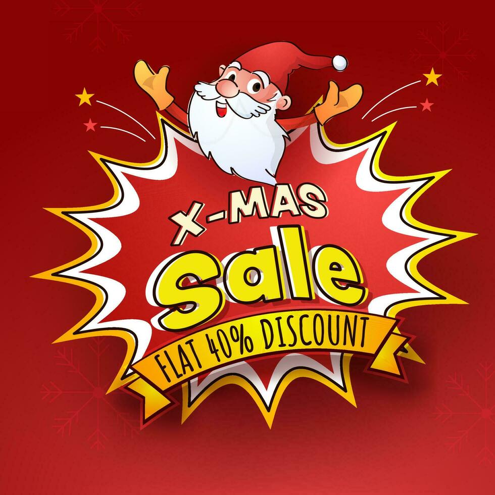 Xmas Sale Poster Design With Discount Offer And Cheerful Santa Claus And Star Burst On Red Background. vector