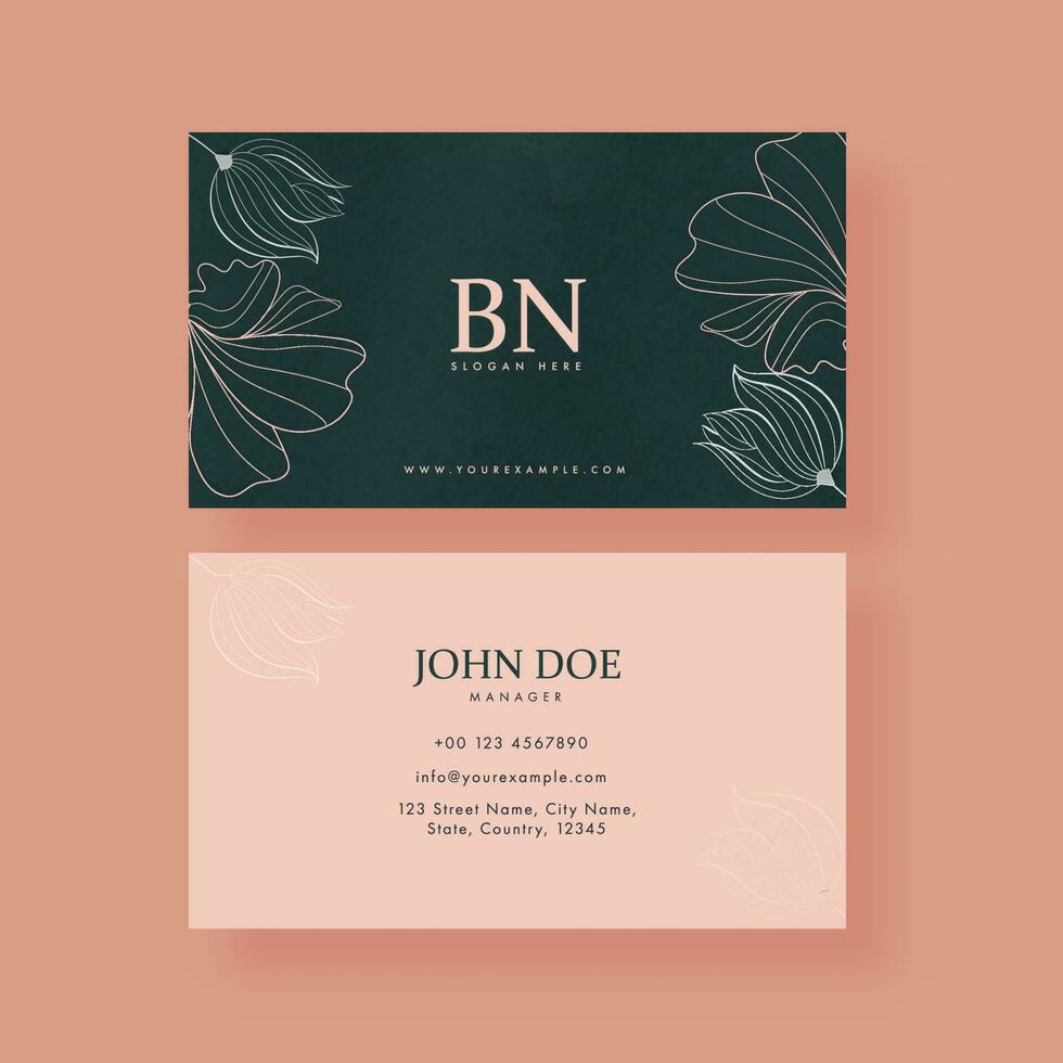 Editable Floral Business Cards Design In Green And Pastel Peach Color. vector