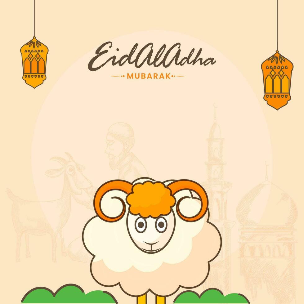 Eid al-Adha Mubarak póster diseño con dibujos animados oveja y linternas colgar en pálido melocotón antecedentes. vector