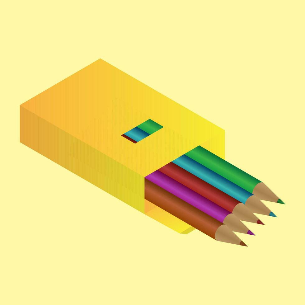 Colour pencil box in 3d style on yellow background. vector