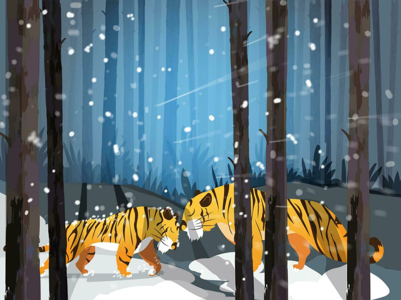 Cartoon Two Lions Playing Together On Forest Snow Falling Background. vector