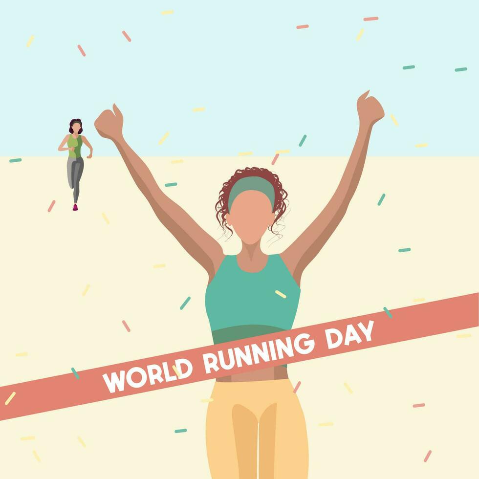 Vector illustration in flat style, two women jogging, the winner of the race finishes with a ribbon. World running day.