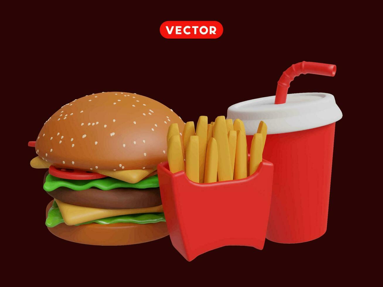 3d representación. rápido comida icono colocar. hamburguesas, francés papas fritas, y un taza vector