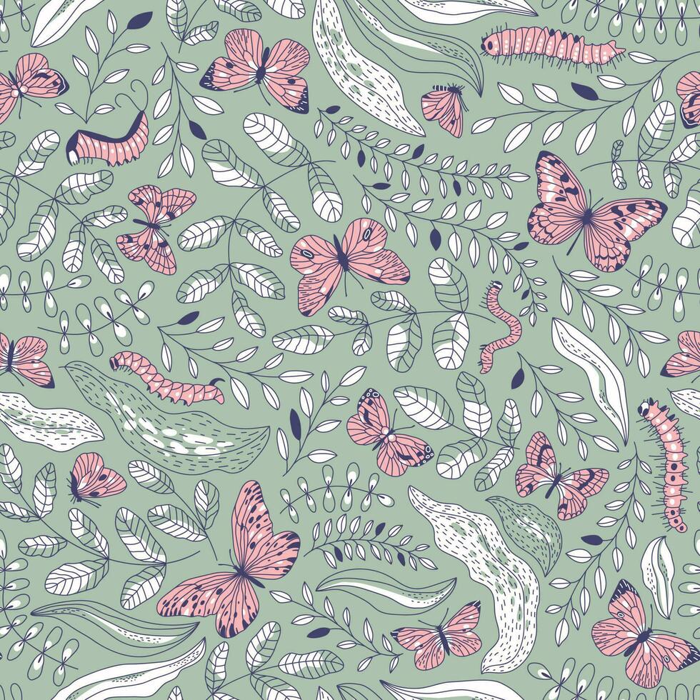 Seamless pattern of beautiful butterflies, caterpillars and plants on a green background vector